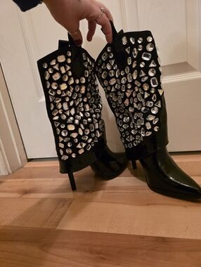 Hana Black and Jeweled Pointed Toe Ankle Boots Size 8.5